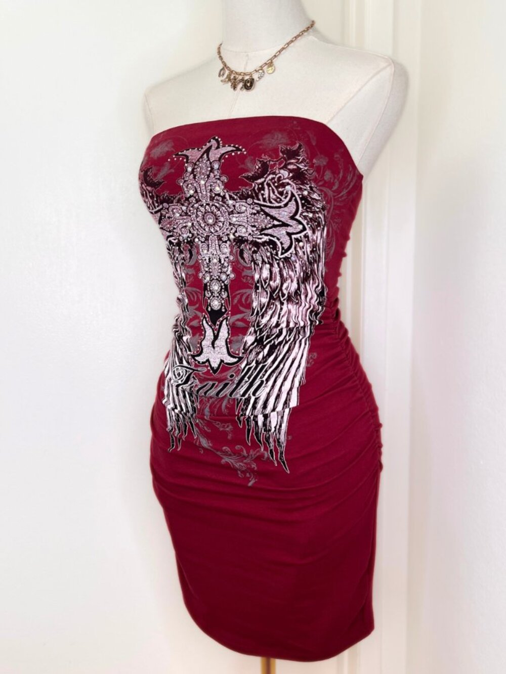 Burgundy Strapless Rhinestone Graphic Ruched Mini Dress